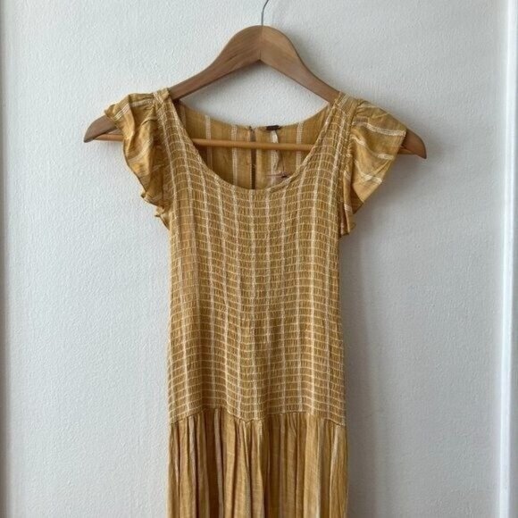 Free People Chambray Butterflies Midi Dress Mustard Striped - Picture 3 of 7